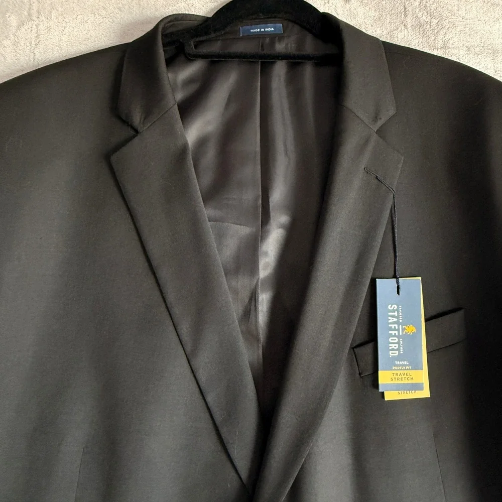 Stafford Travel Portly‎ Fit Black Wool Blend Blazer Jacket Men's 56 PRTR